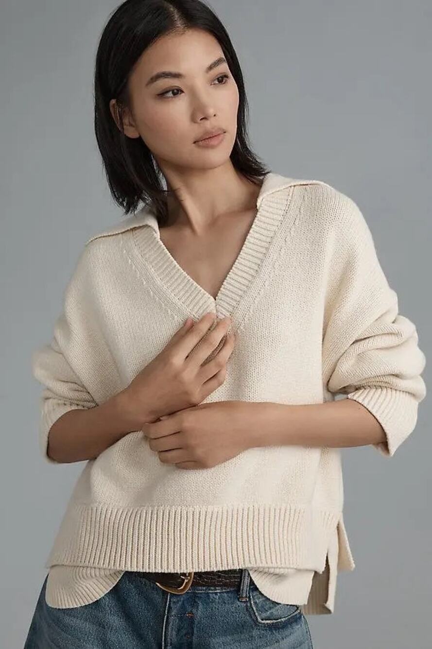 Maeve cream knit v neck layered polo sweater NEW SMALL PETITE